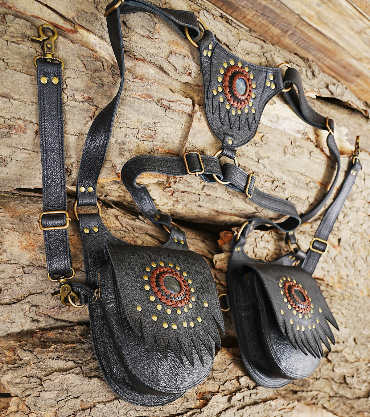 Black leather Burning Man chest bag with Natural Labradorite and adjustable harness straps