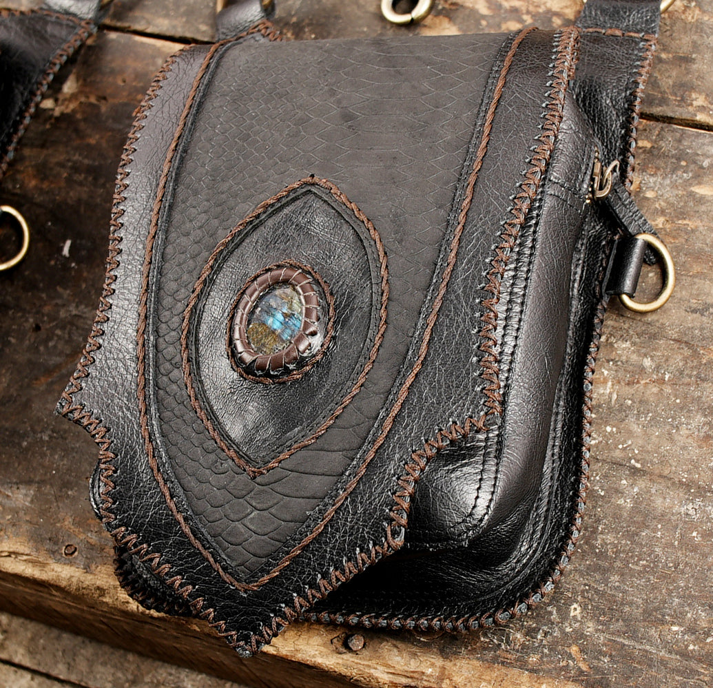 Handcrafted leather double pocket shoulder rig with brass fittings   