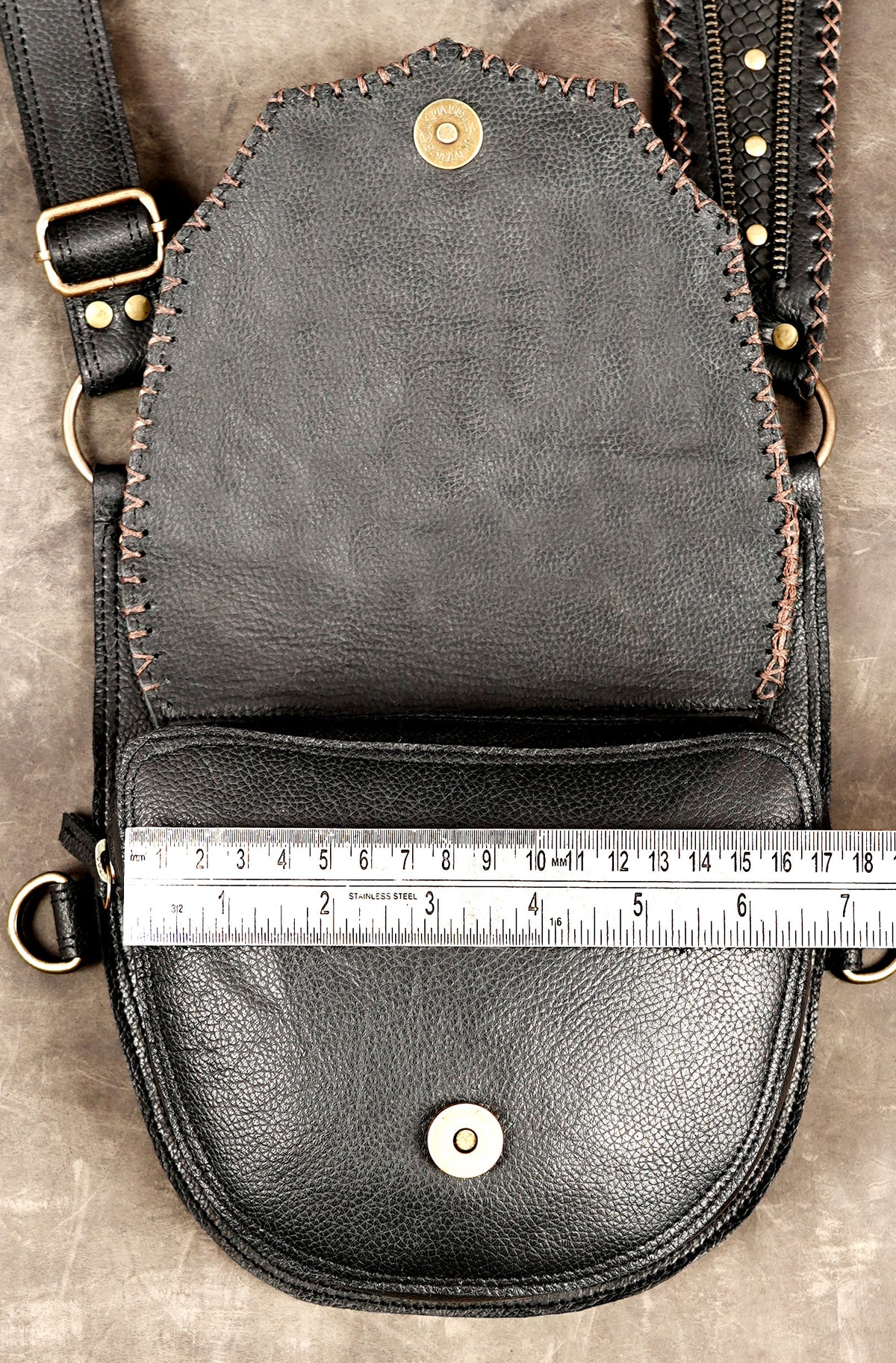 Unisex steampunk leather harness bags with decorative brass-tone studs