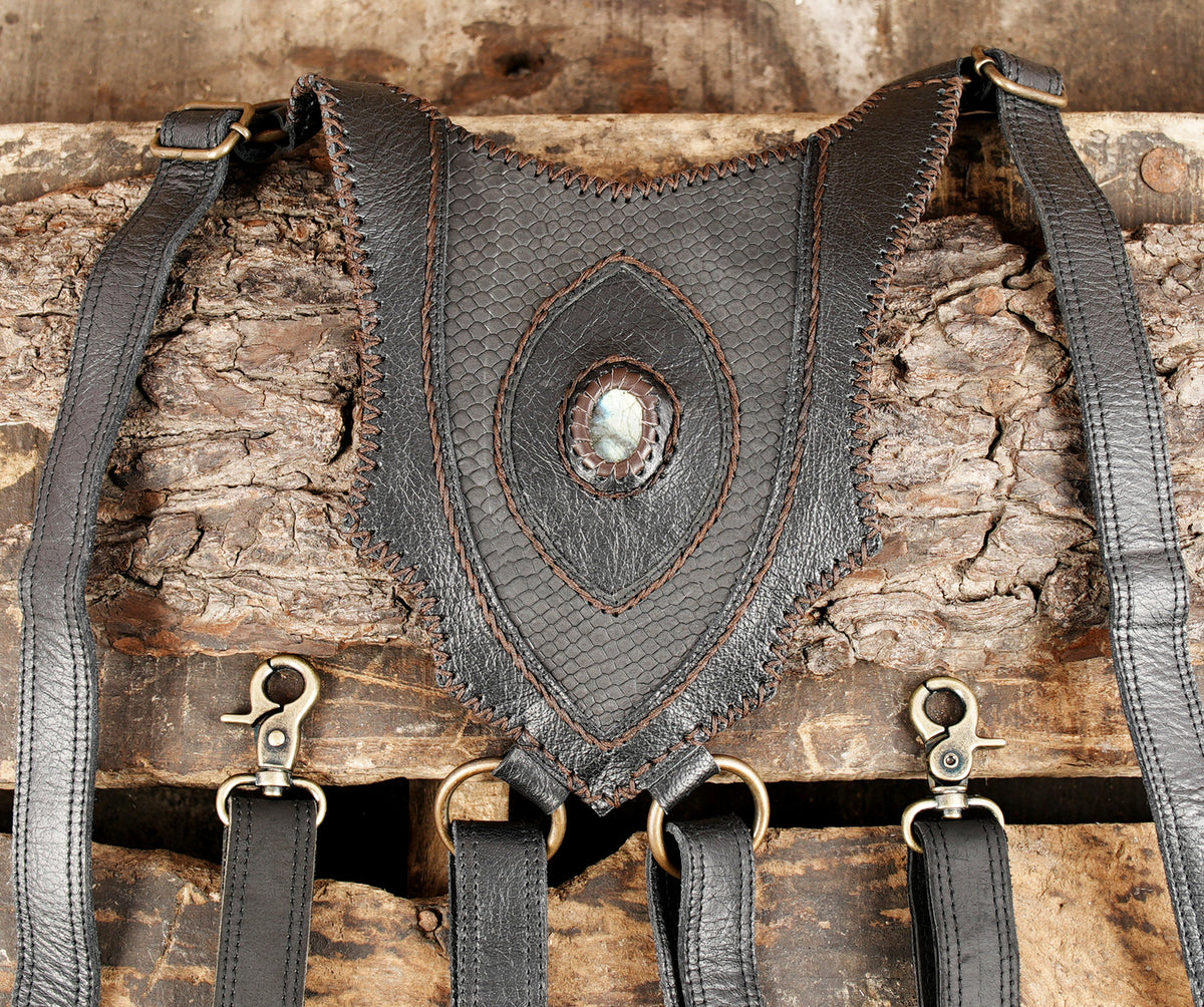 Alternative festival leather holster harness with dual storage pouches   