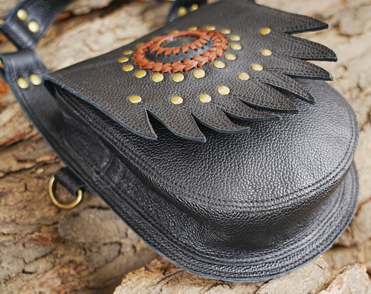 Black leather shoulder holster style bag with Natural Labradorite and utility pouches