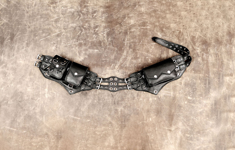 Black leather gothic utility belt with silver hardware and functional pouches