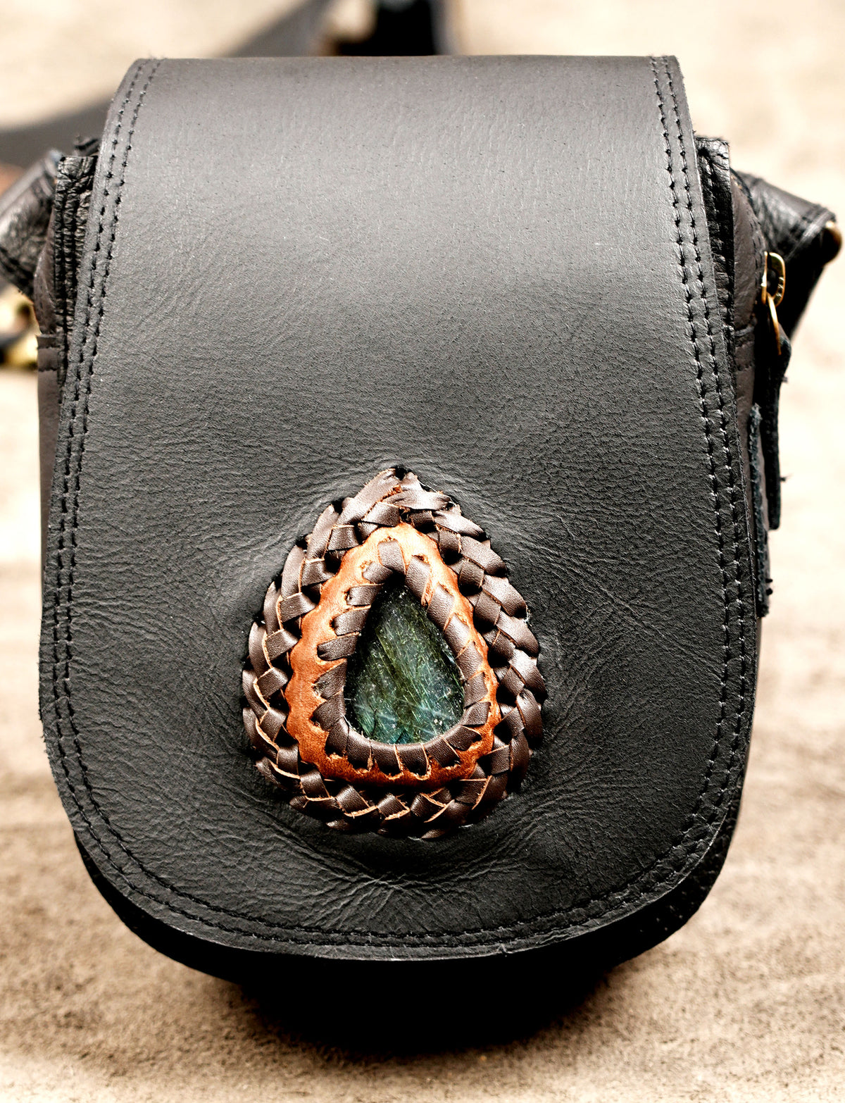 Handmade black leather shoulder harness bag with two front utility pouches