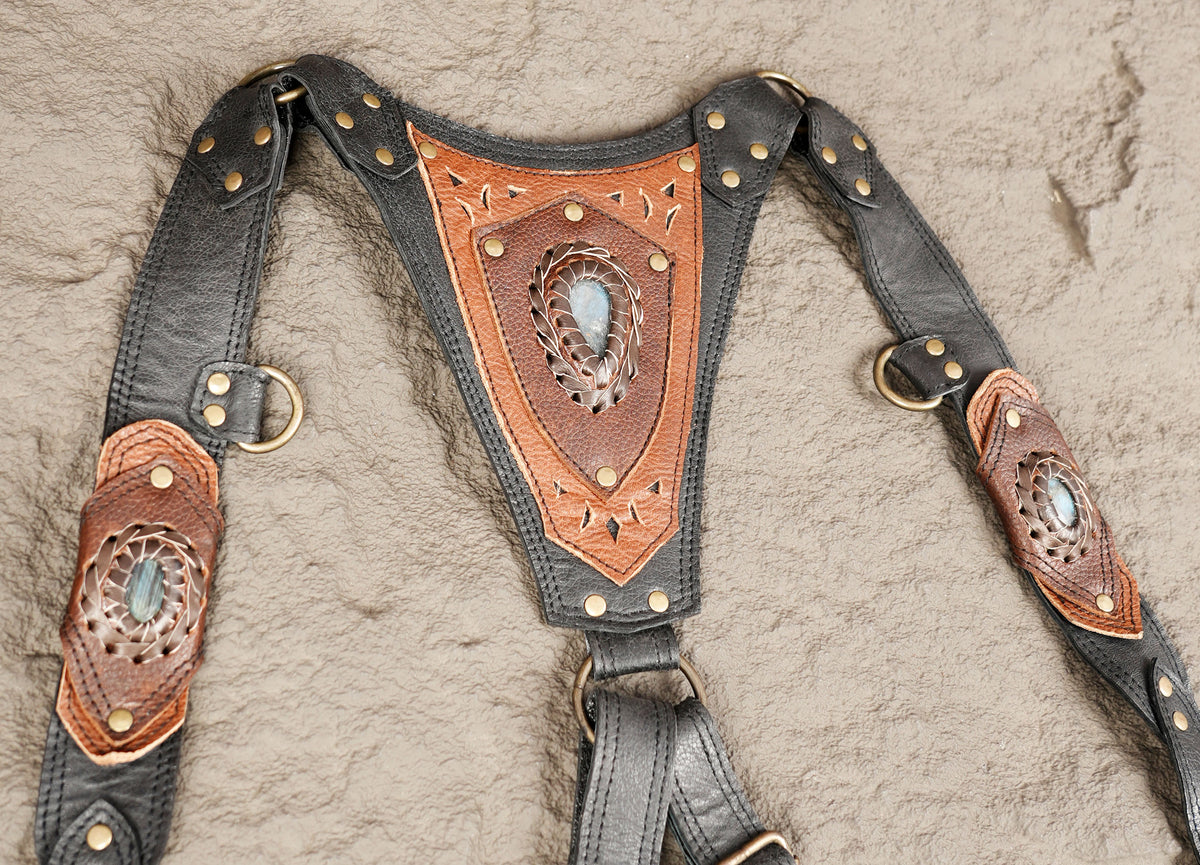 Leather shoulder harness bag set with antique brass hardware