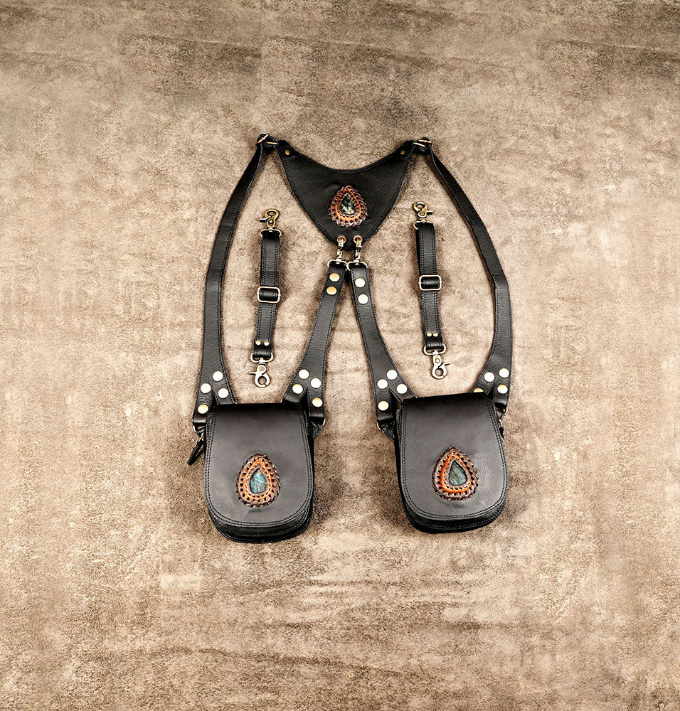 Black leather double holster harness bag with natural stone decoration and brass studs