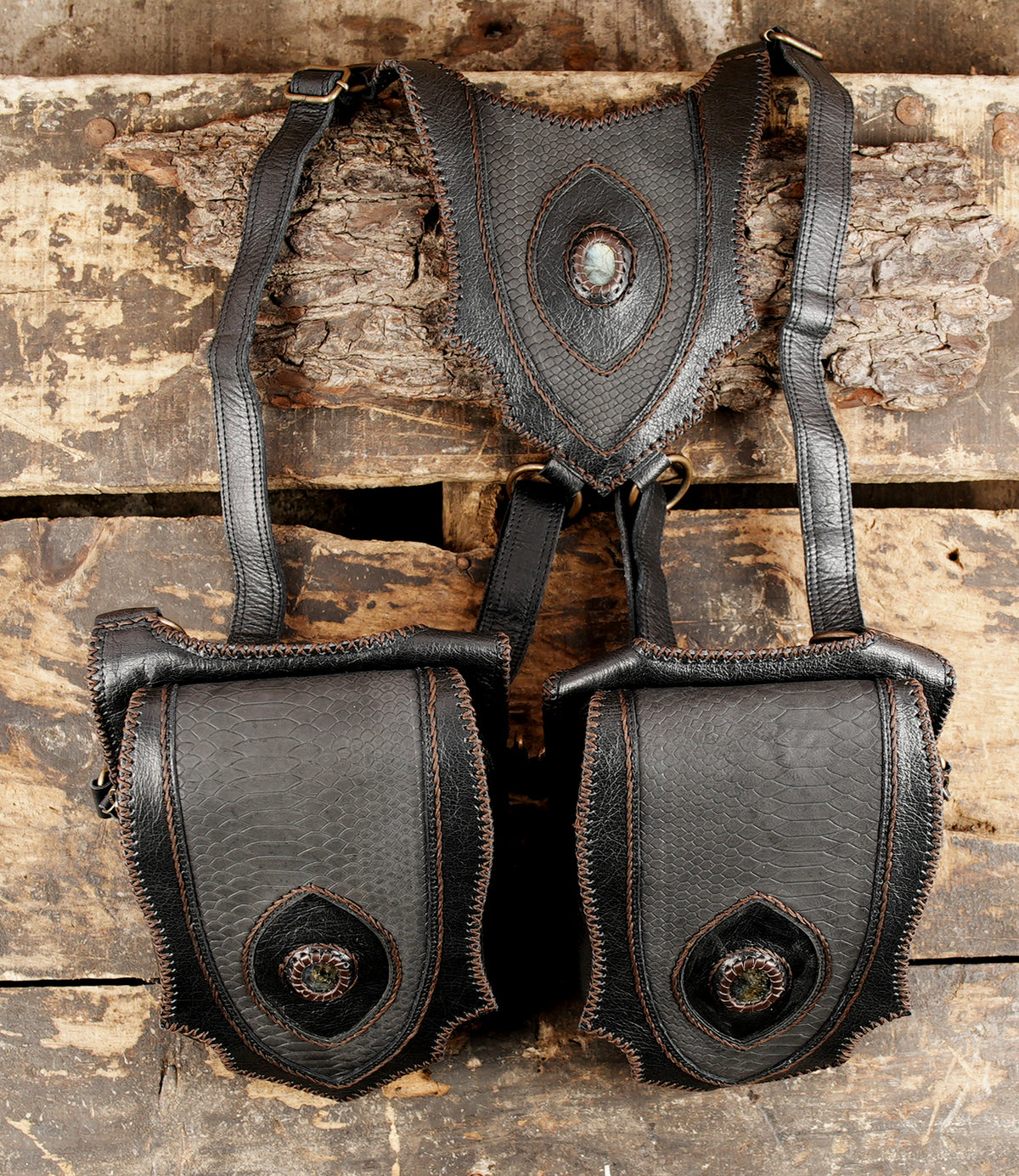 Cyberpunk style double shoulder holster pouch set in genuine textured leather   