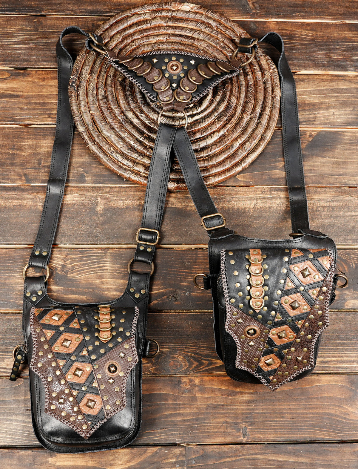 Unisex Black Double Pouch Harness Bag with Antique Brass Studs