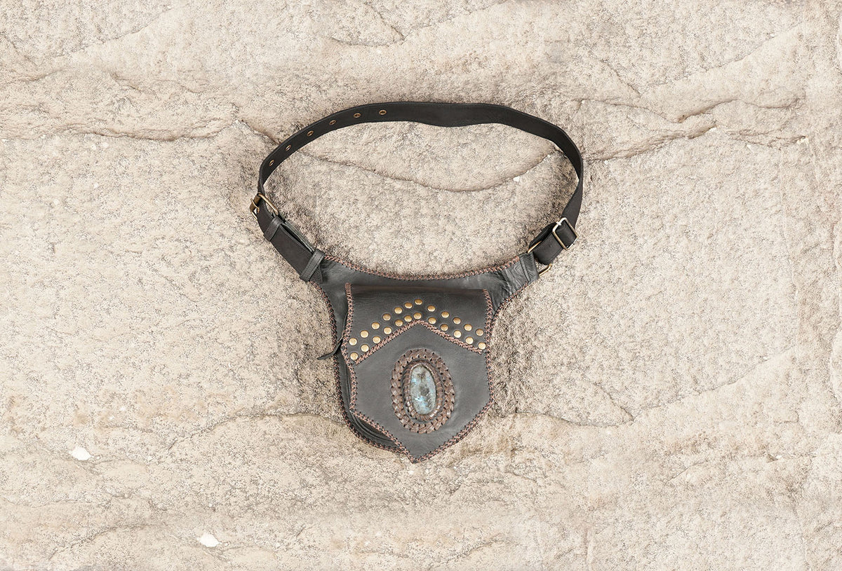 Handmade black leather hip bag with labradorite stone and brass studs