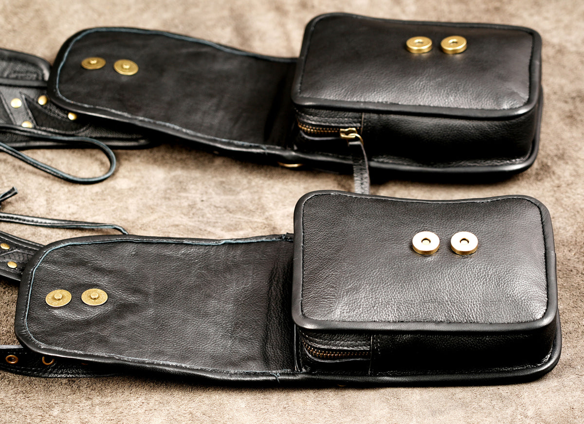 Black gothic festival bag with matching pouches and brass stud detailing
