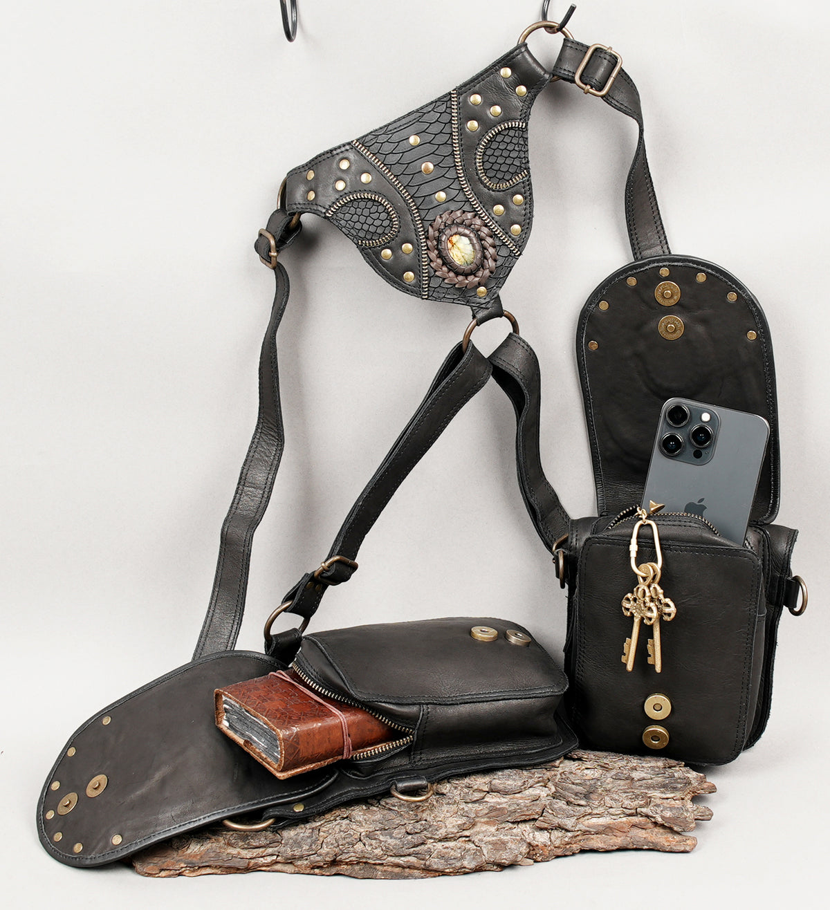 Unisex festival belt bag with twin leather pockets and turquoise stone embellishments