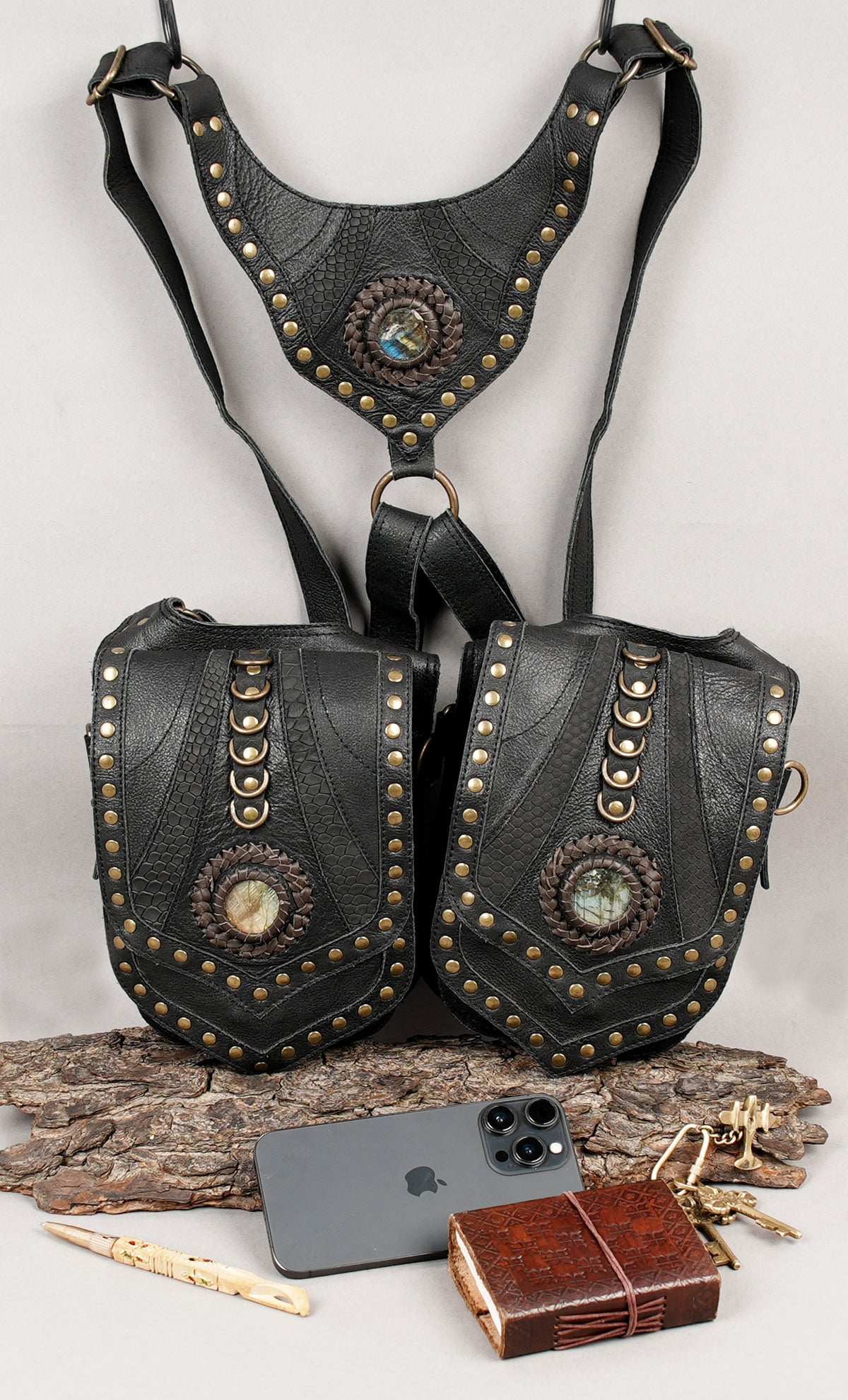 Steampunk black double pouch harness with brass studs and gemstone accents