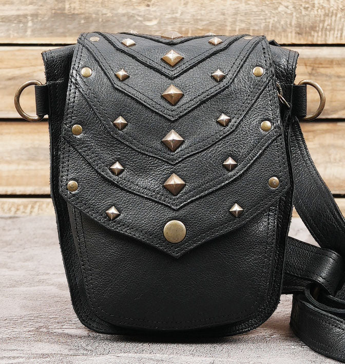 Handmade black leather utility holster bag with studded flap pockets