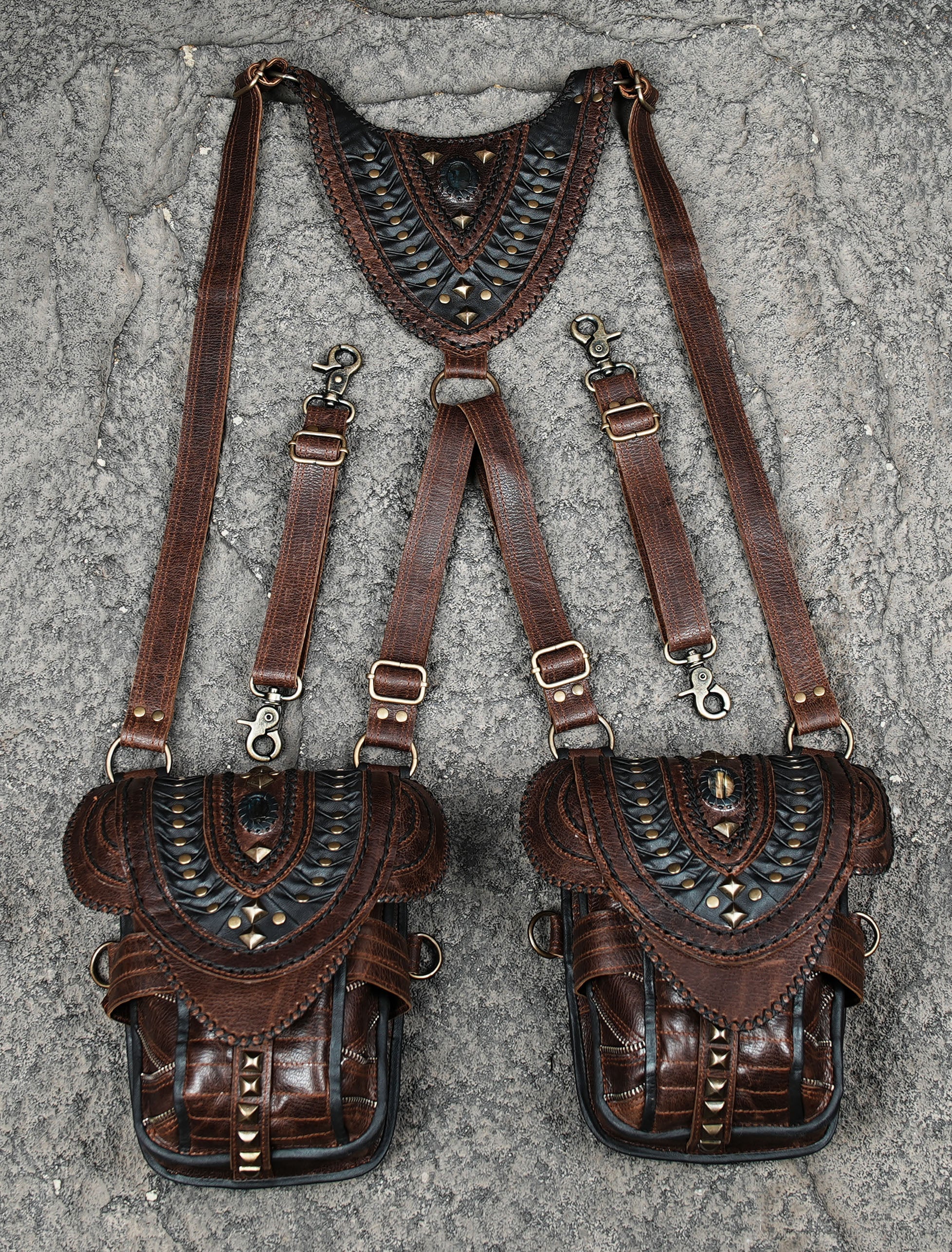 Bohemian leather festival bag with antique brass hardware and stone accents
