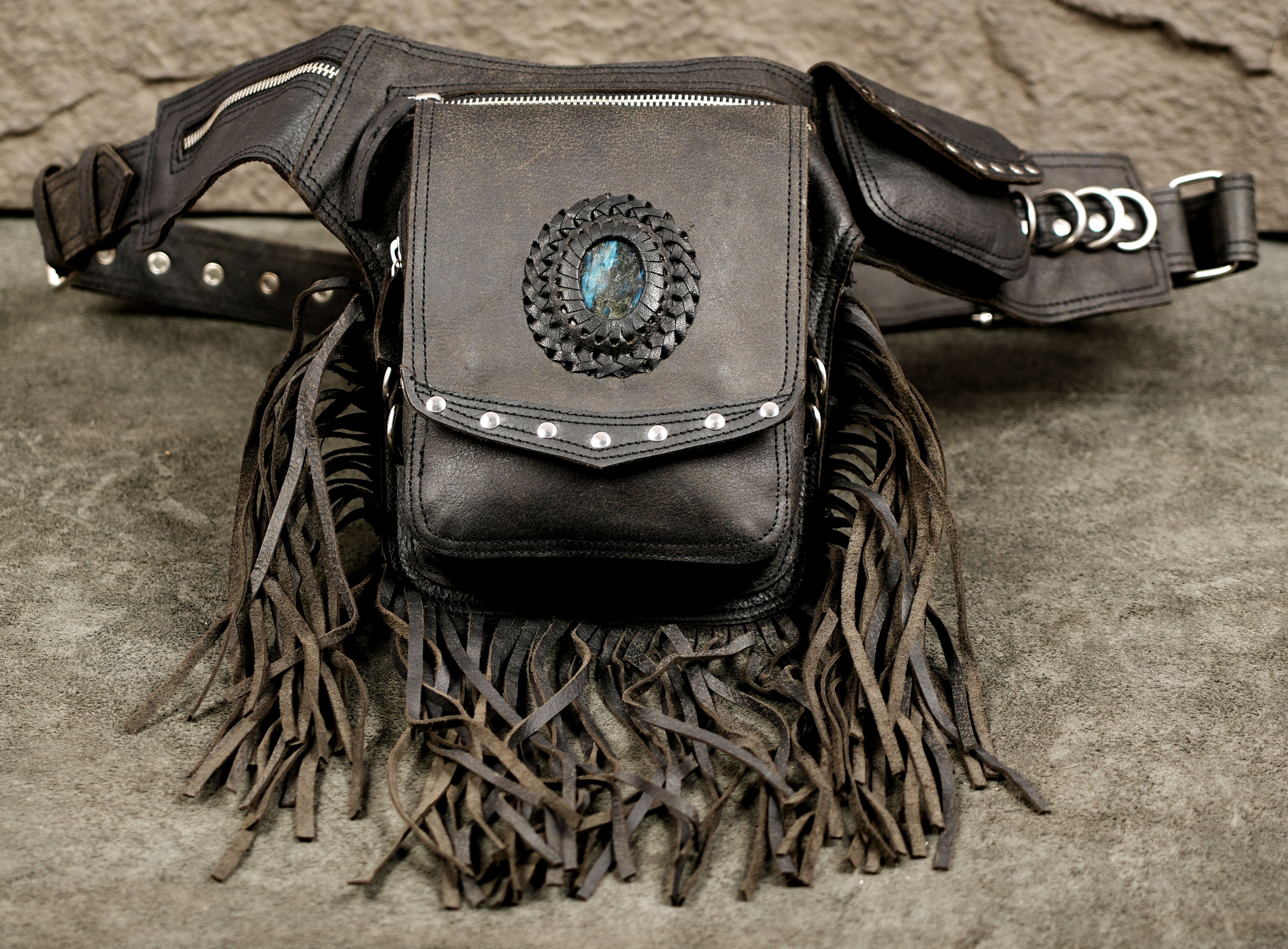 Bohemian leather waist bag with natural labradorite stone
