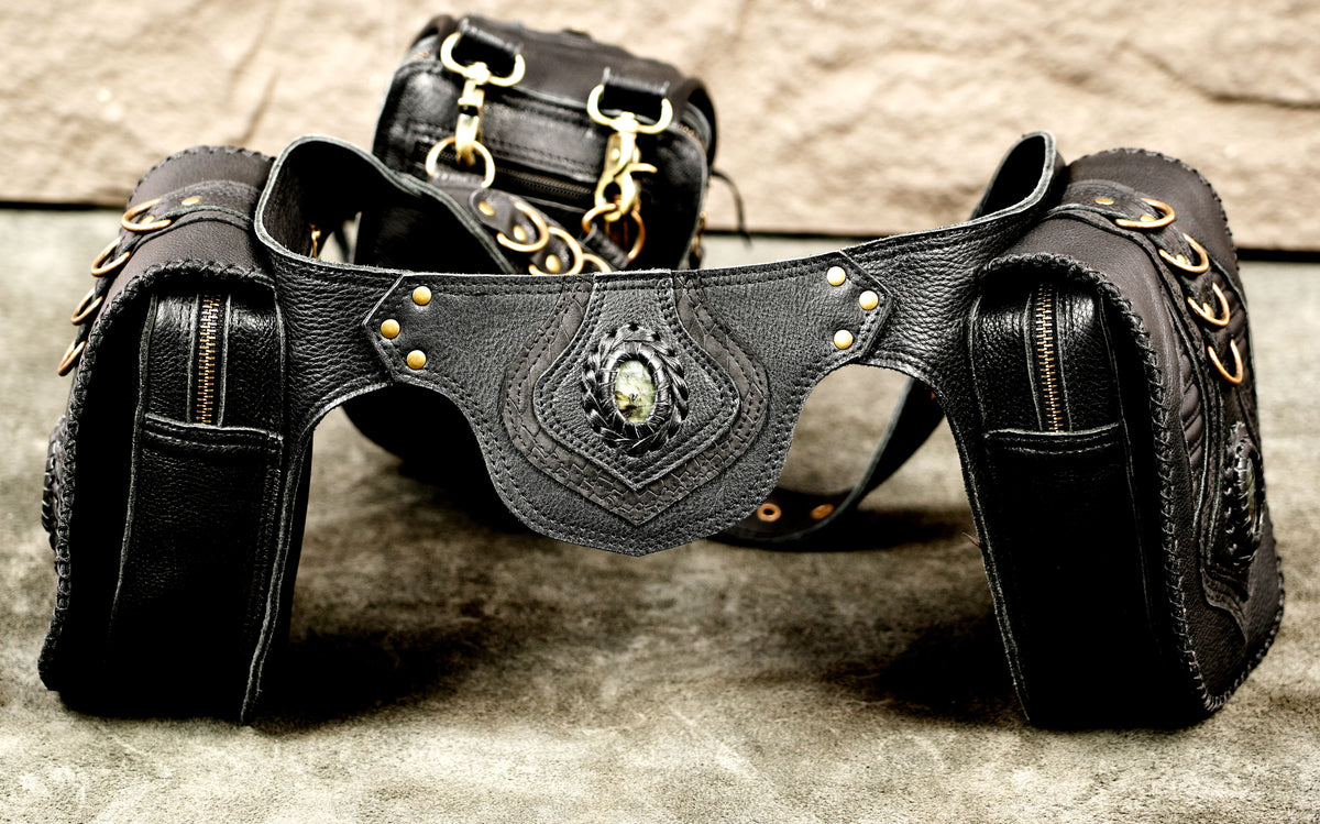 Black leather steampunk waist belt with antique brass hardware and stone accents