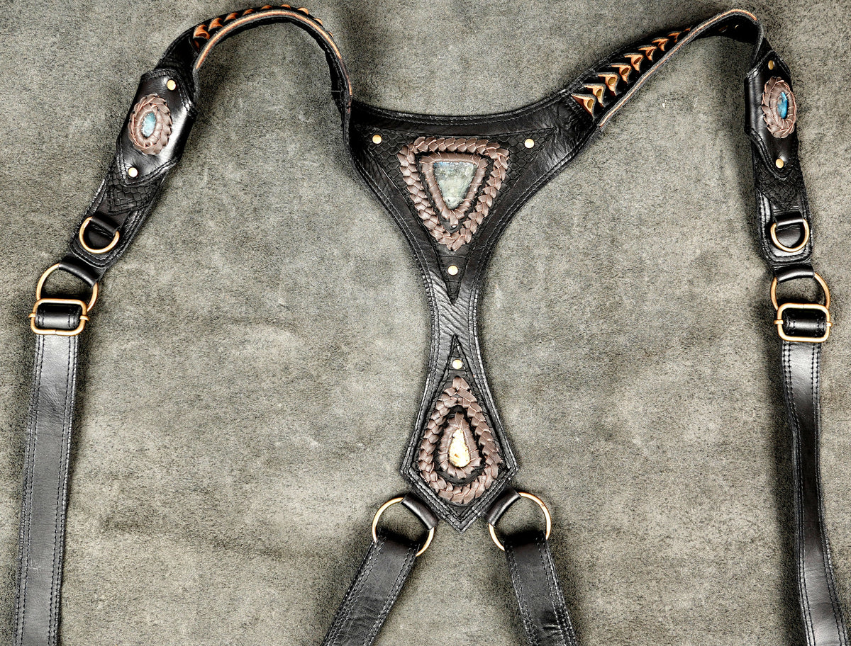 Black Leather Shoulder Holster Bag with Natural Labradorite Stones and Antique Brass Hardware