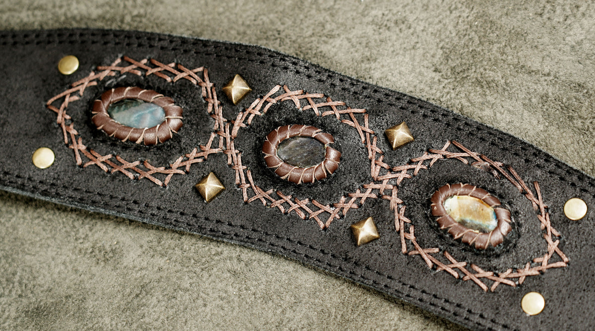Leather shoulder harness bag with multiple pockets and Natural Labradorite gemstone details