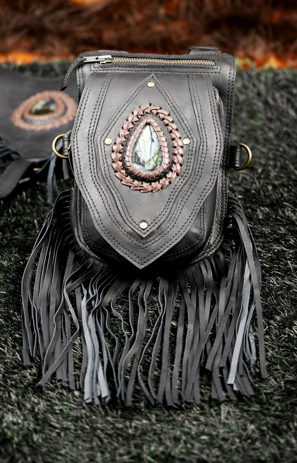 Black Leather Holster Vest Fringe Harness Bag Dual Utility Pouches Festival Body Suspender Natural Labradorite Stones