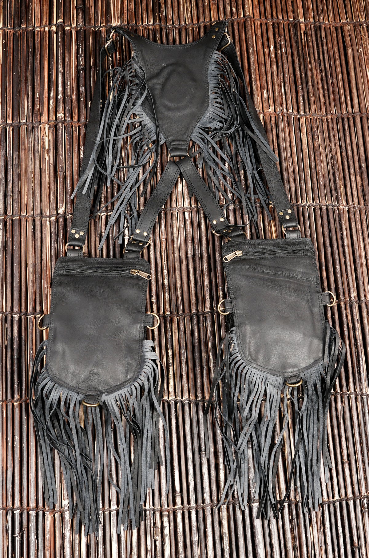 Black Leather Holster Vest Fringe Harness Bag Dual Utility Pouches Festival Body Suspender Natural Labradorite Stones