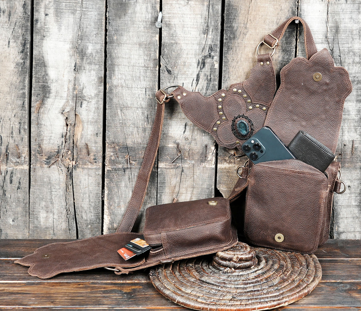 Steampunk leather harness bag with two front utility pockets