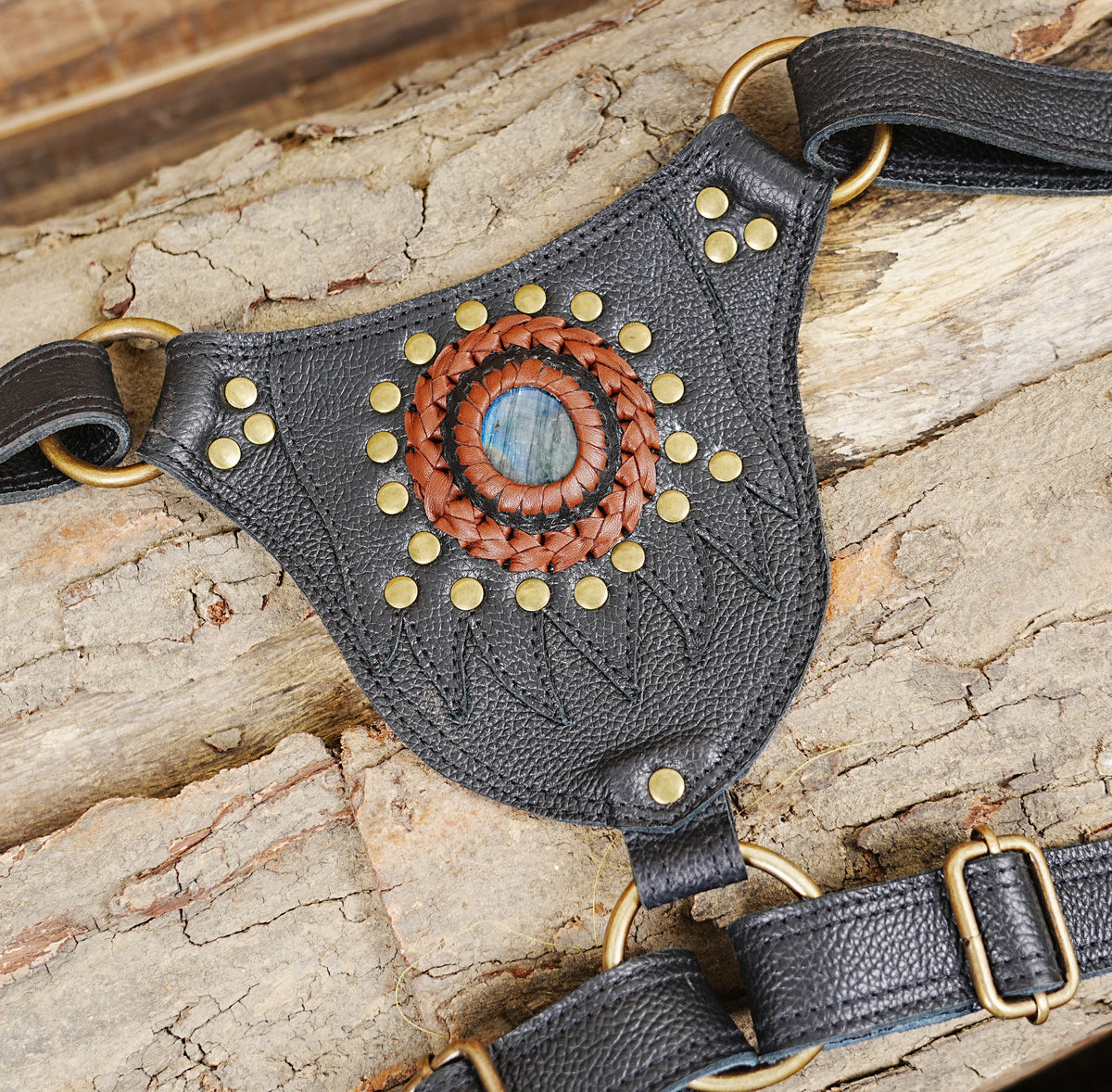 Leather double pouch chest bag with Natural Labradorite stones and adjustable shoulder straps
