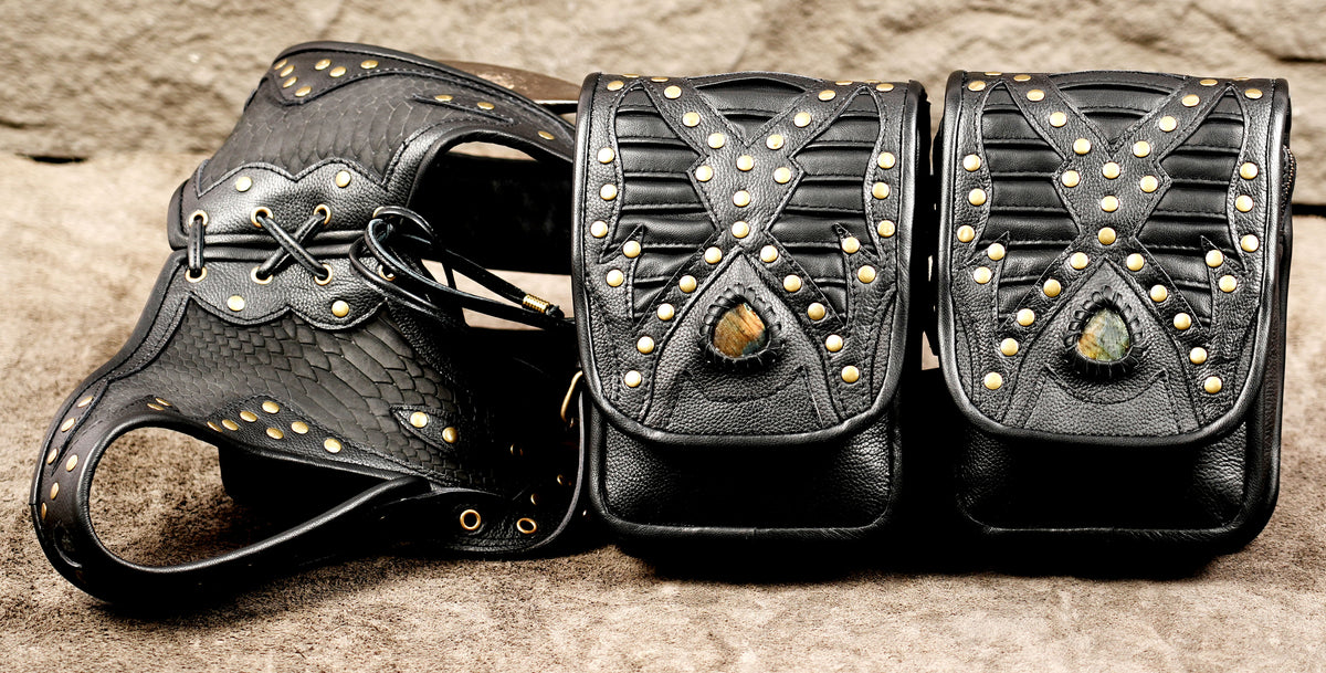 Unisex gothic chest harness with matching pouches and decorative metal studs