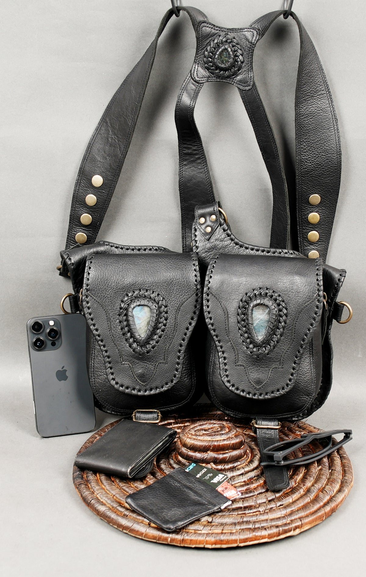 Gothic black leather double hip pouch harness with metal studs and adjustable buckled straps