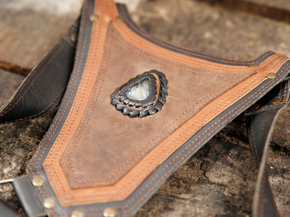 Unisex double hip pouch harness in black and brown leather with decorative studs