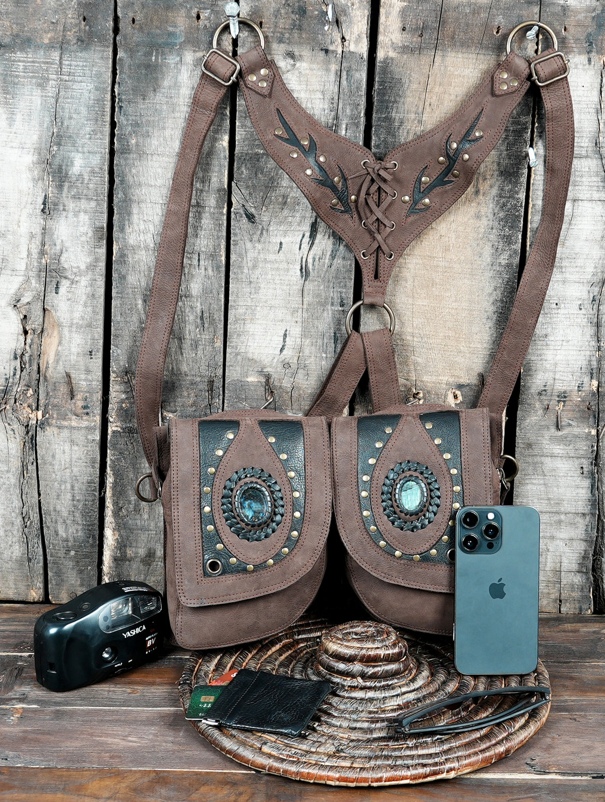 Handmade leather chest harness bag with two utility pouches