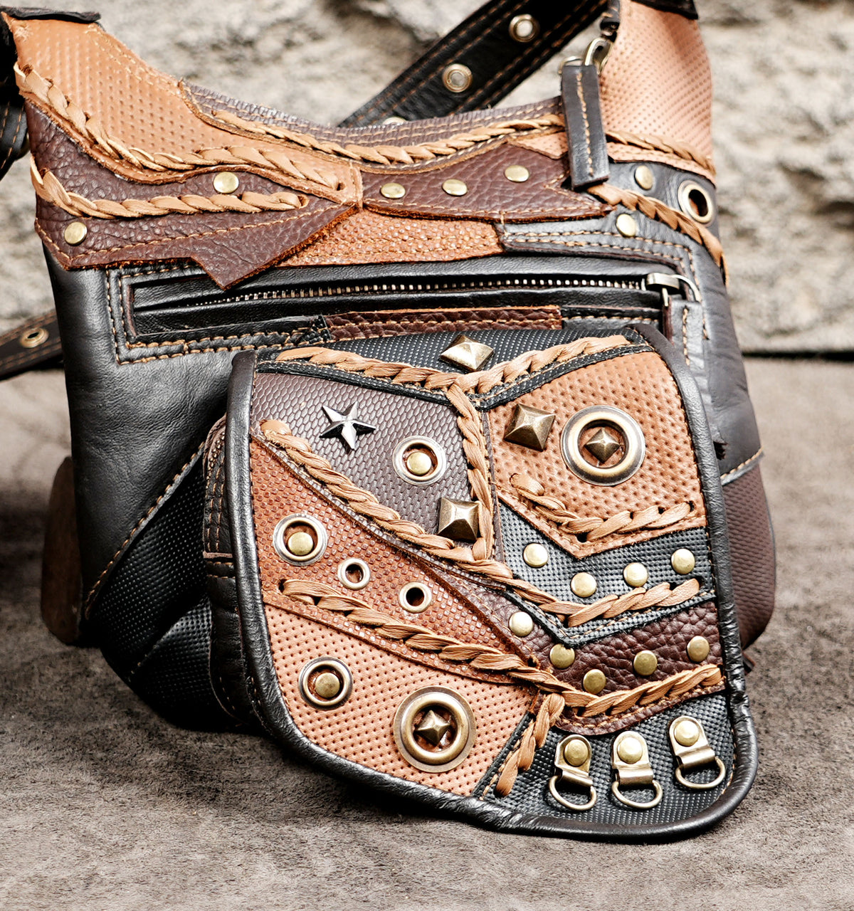 Adjustable leather suspender harness with hip bags and buckle straps