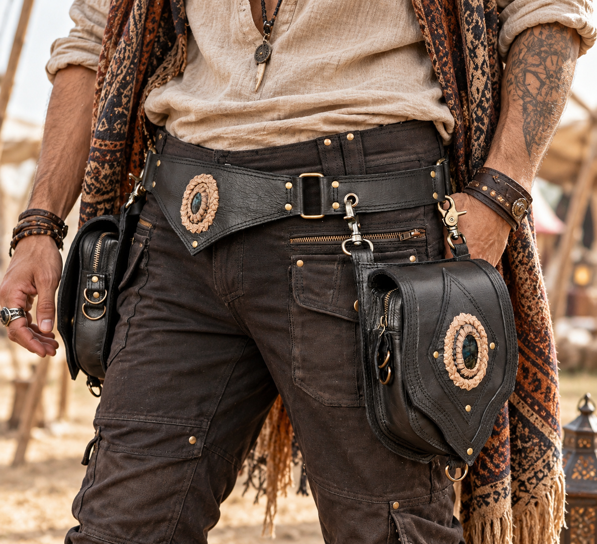 Handcrafted genuine leather festival hip bag and dual-pocket holster collection