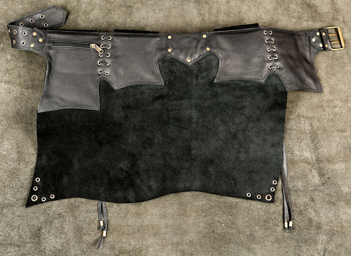 Boho apocalyptic leather skirt with spiral accent, close up