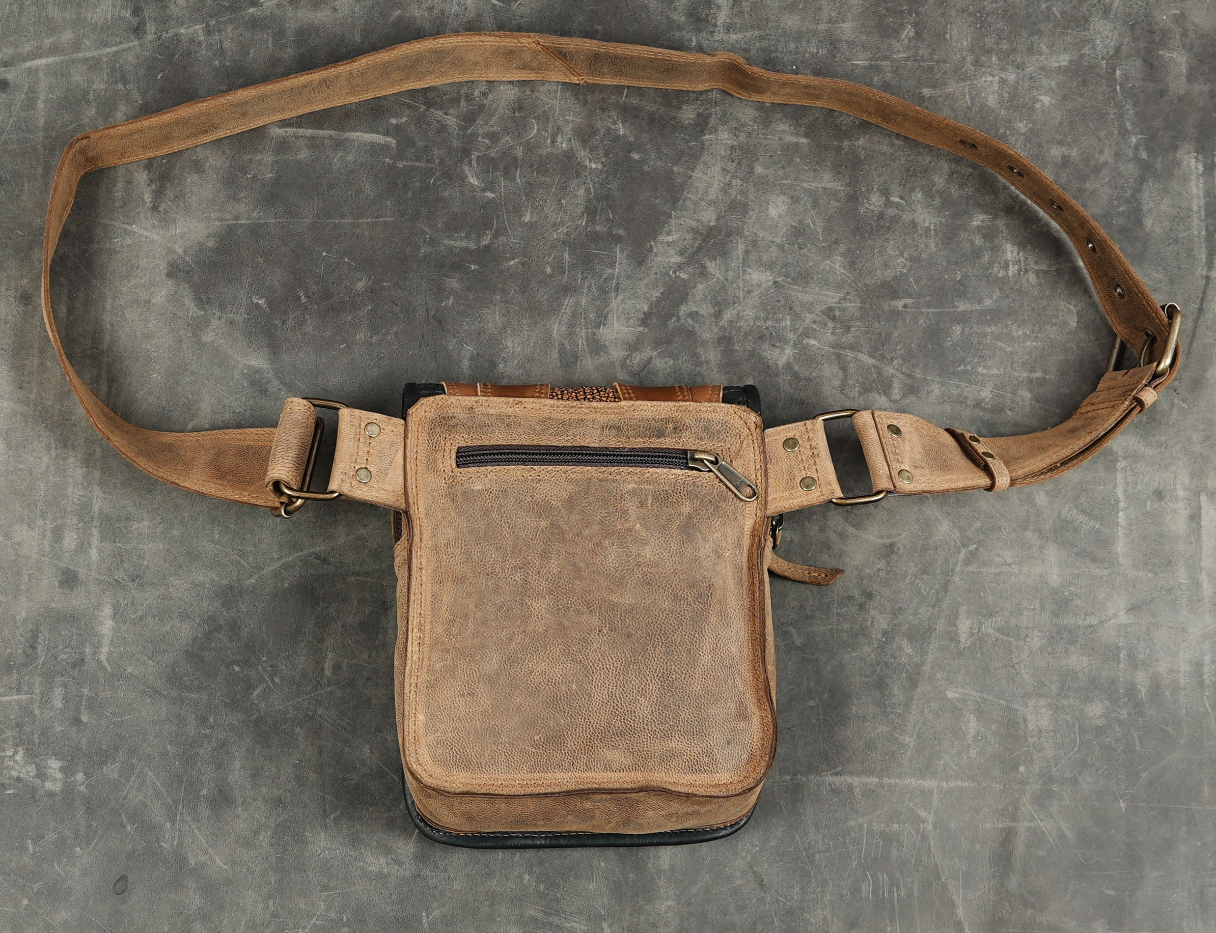 Boho crystal leather bag with tan and black panels
