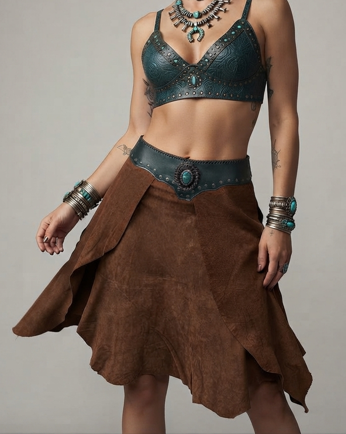 Boho crystal skirt with labradorite stone and black leather trim