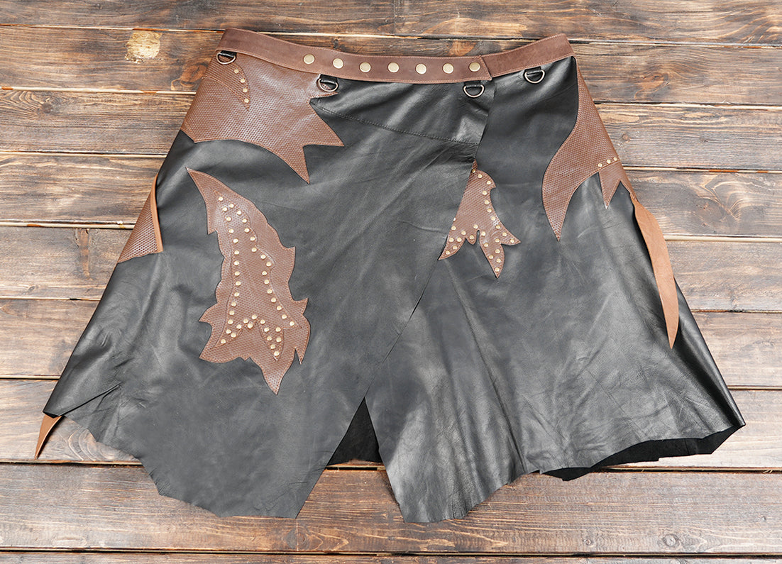 Boho festival leather skirt with two tone patchwork design