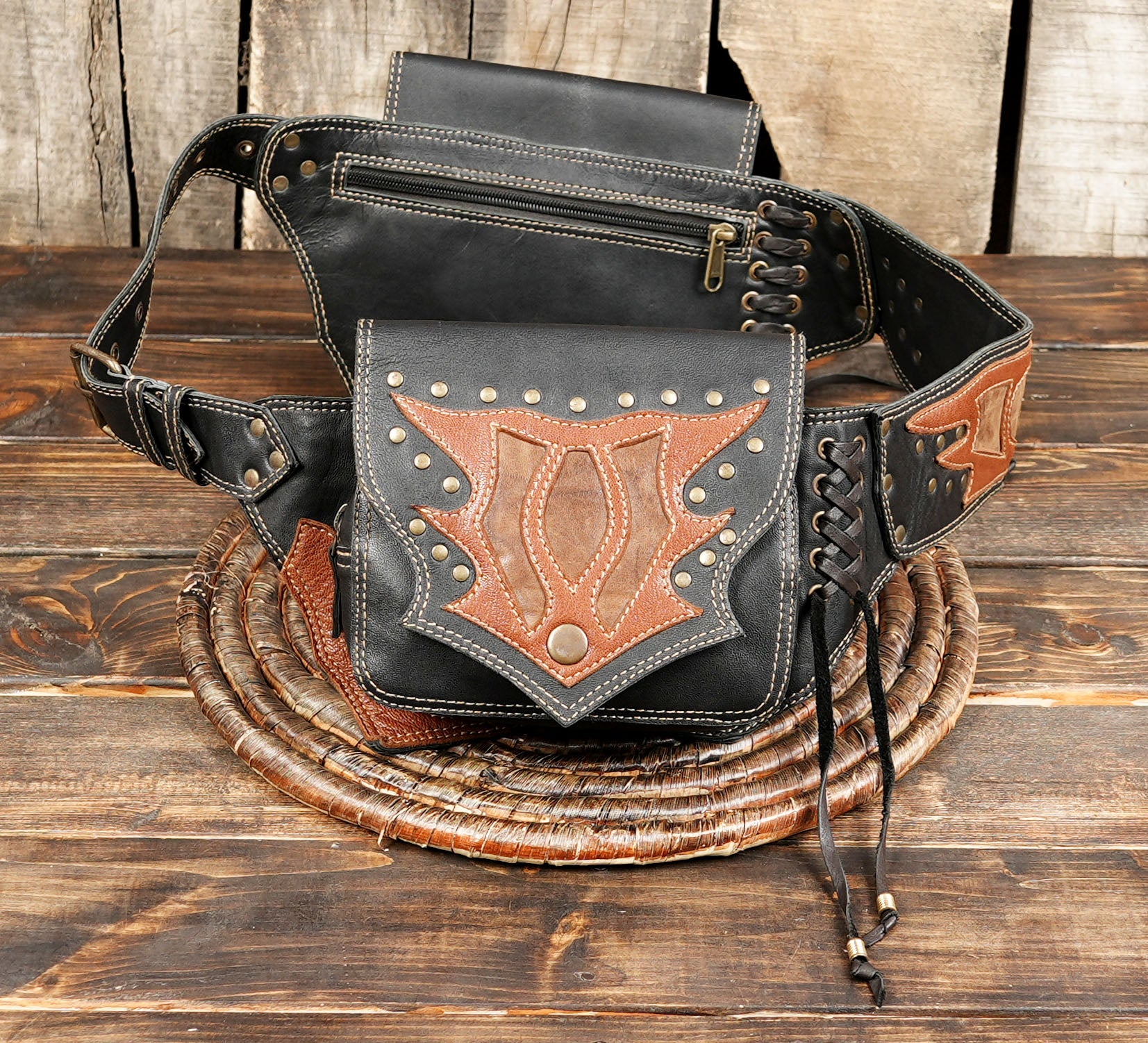 Boho festival waist bag with lace-up sides and brass studs