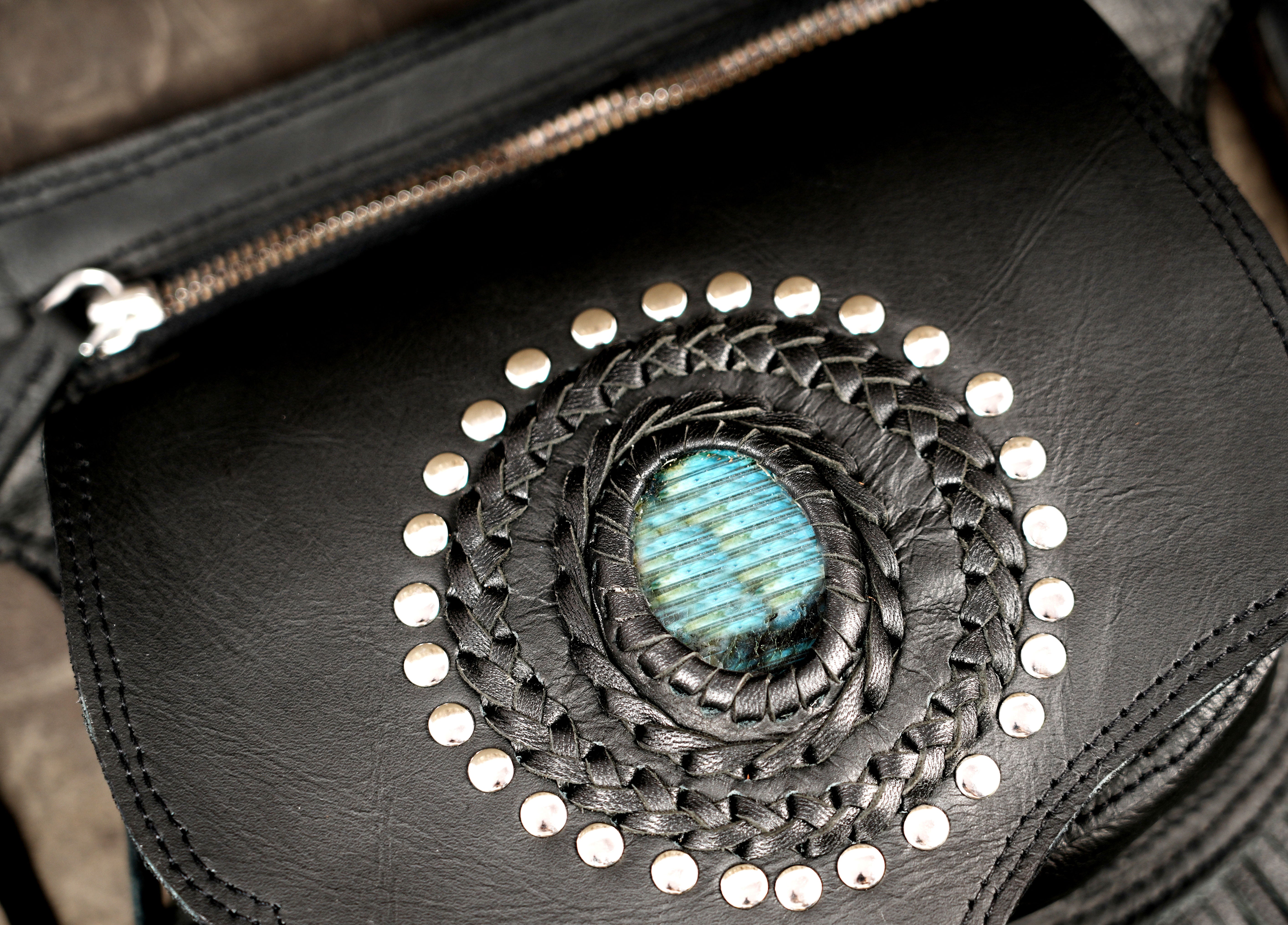 Boho leather fanny pack with gemstone medallion and full fringe