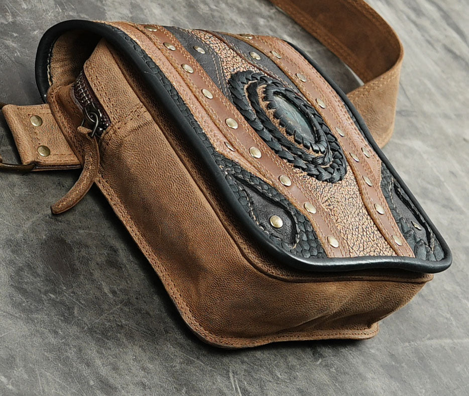 Boho leather festival bag with embossed panel detail