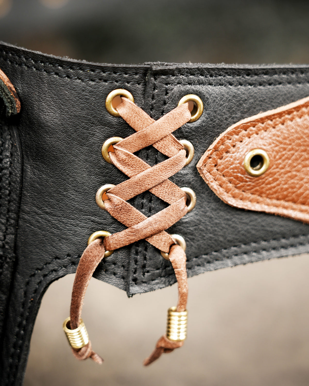 Boho leather festival belt with corset lacing and crystal stones