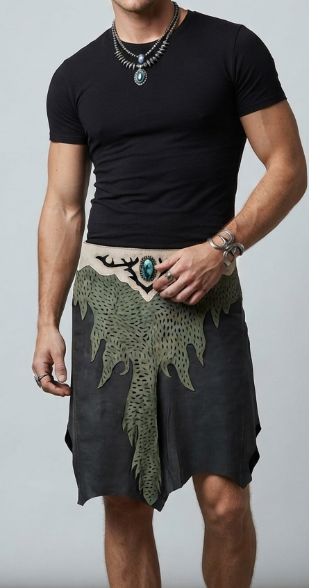 Boho leather ranger skirt with adjustable snap waist