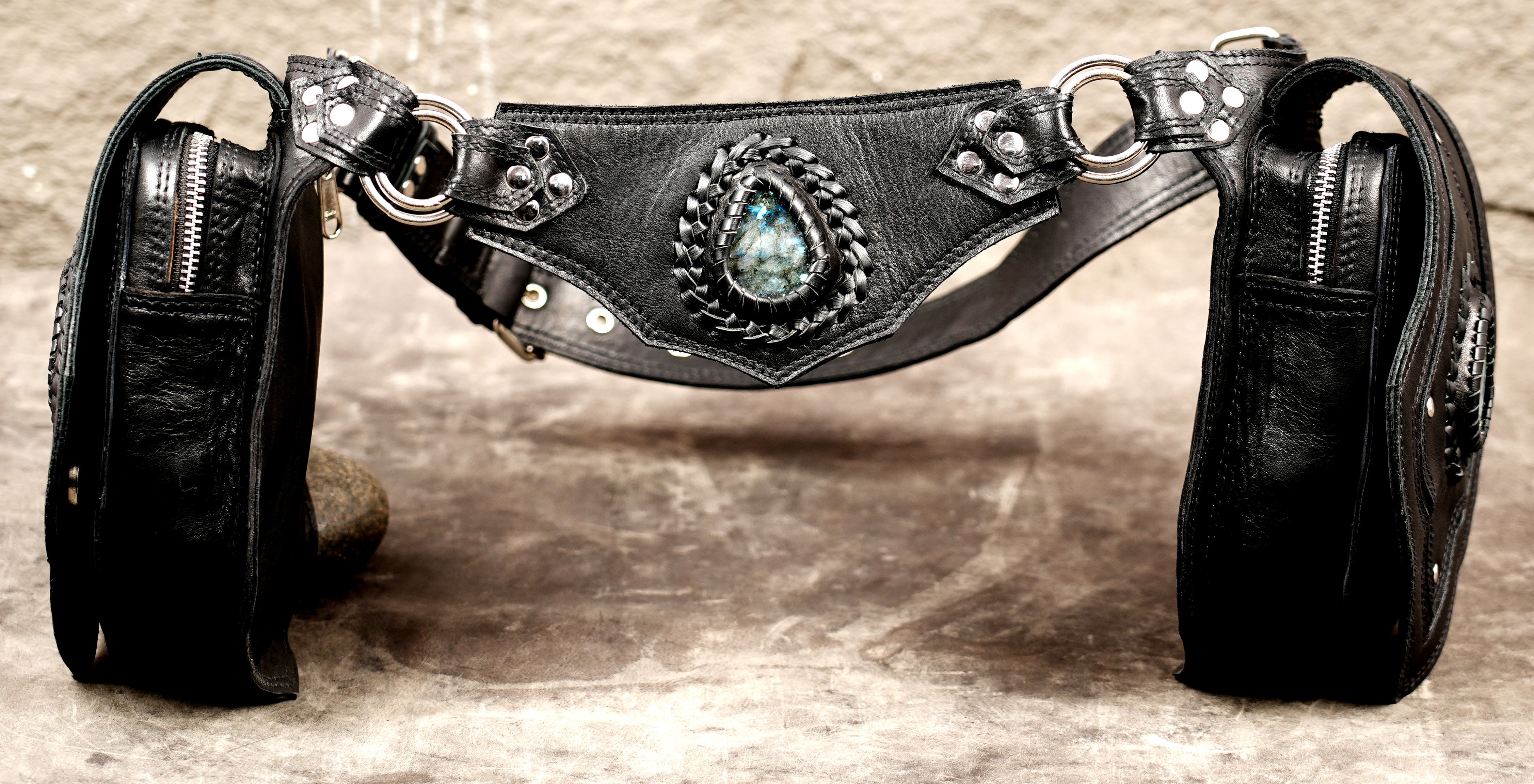 Boho leather utility belt with crystal stones and studs