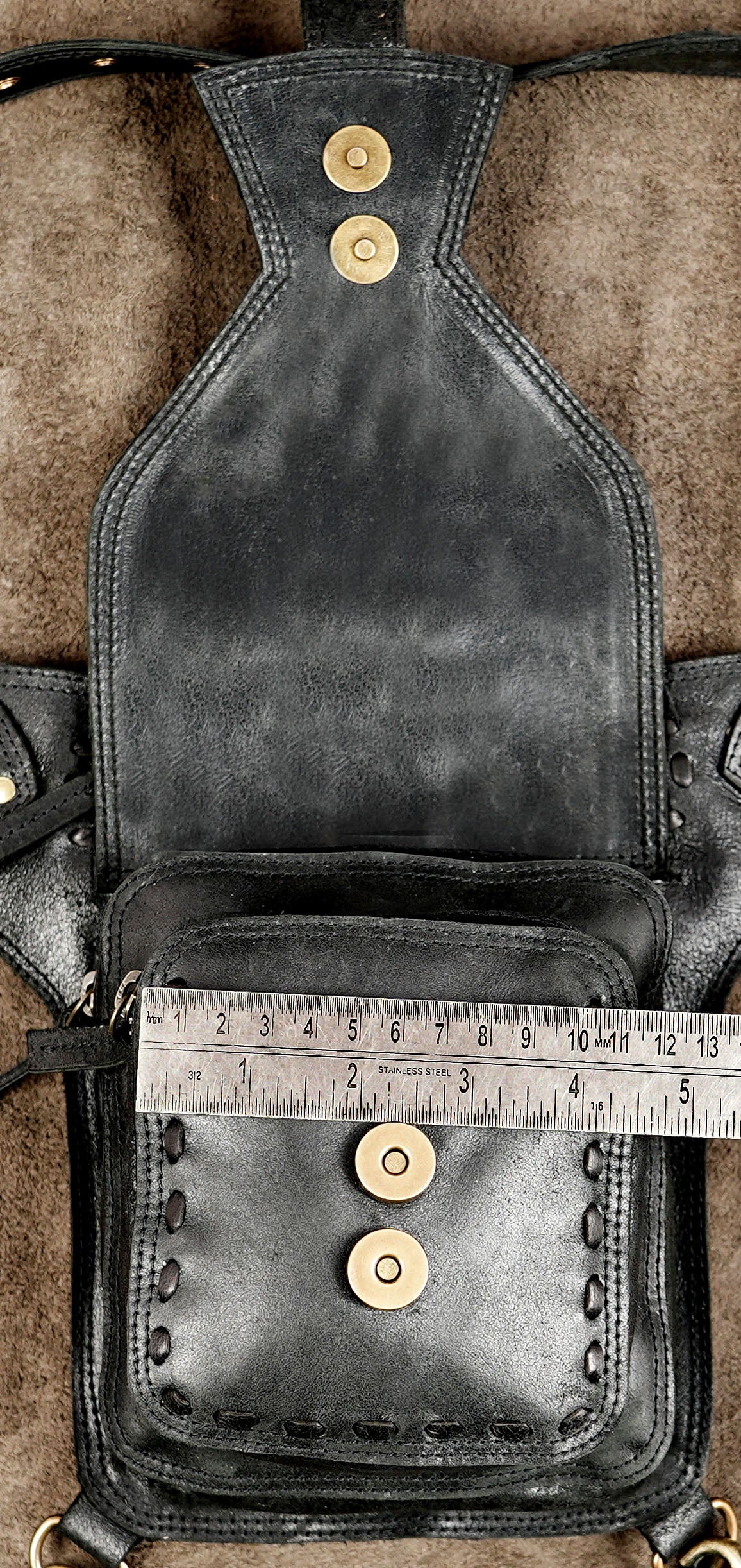 Boho leather waist bag with antique brass details