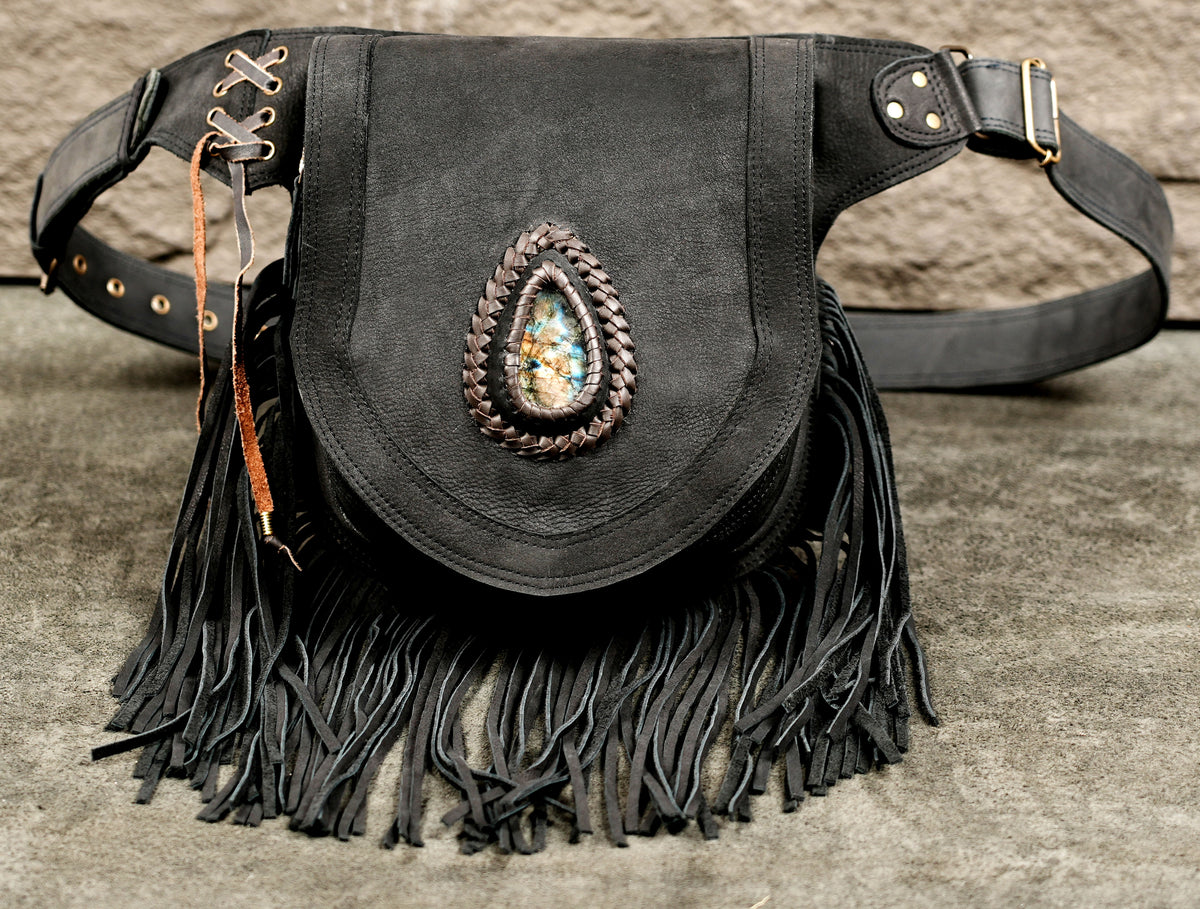 Boho leather waist bag with tassel fringe