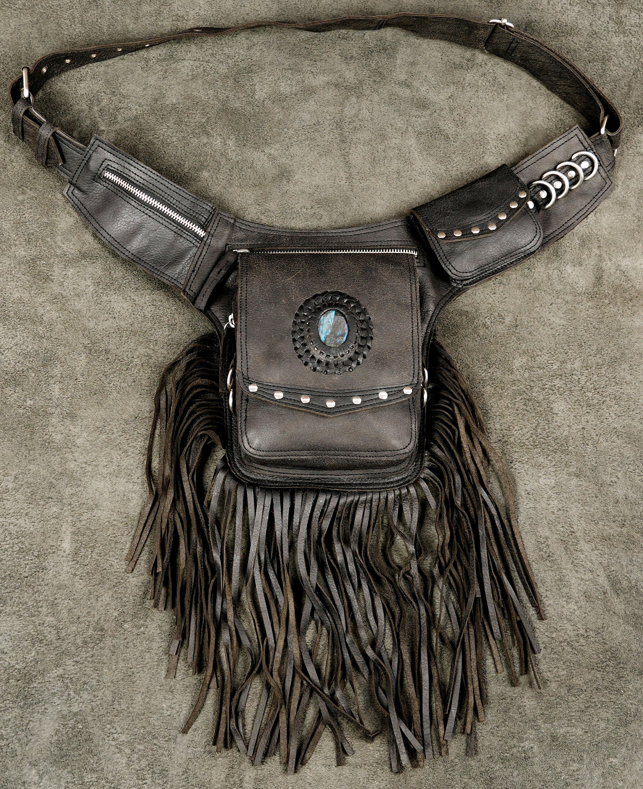 Boho leather waist pouch with long fringe and antique brass fittings