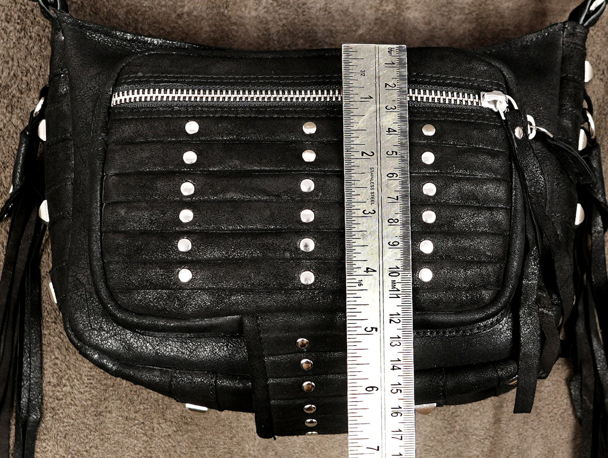 Boho tassel purse with adjustable strap, full flat lay