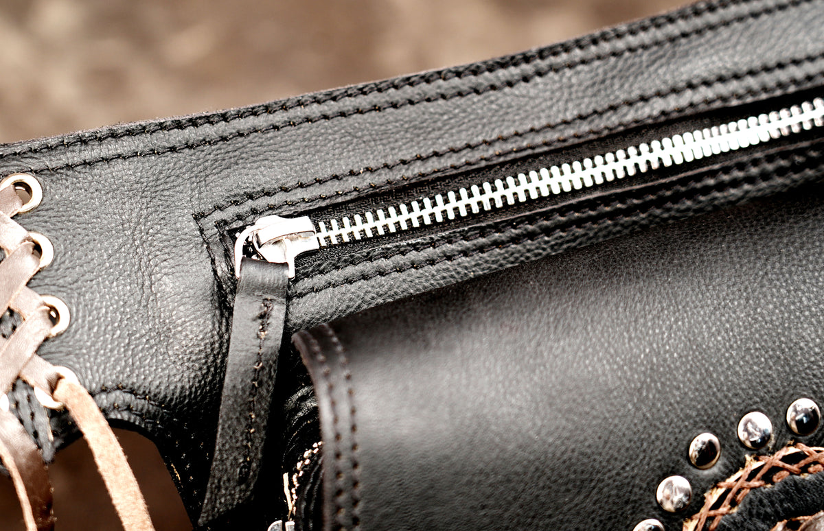 Boho tribal leather accessory, symmetrical front view