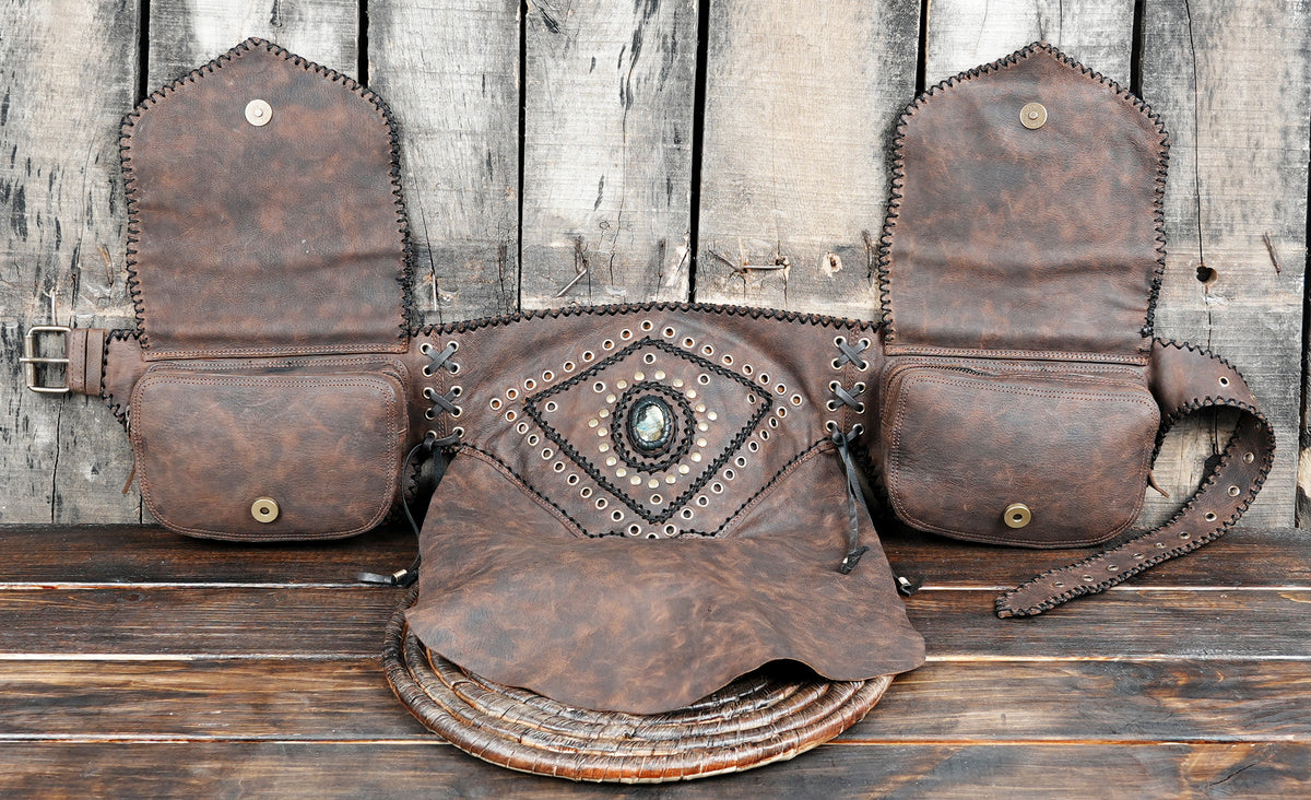 Boho tribal leather skirt with corset lacing and gemstones