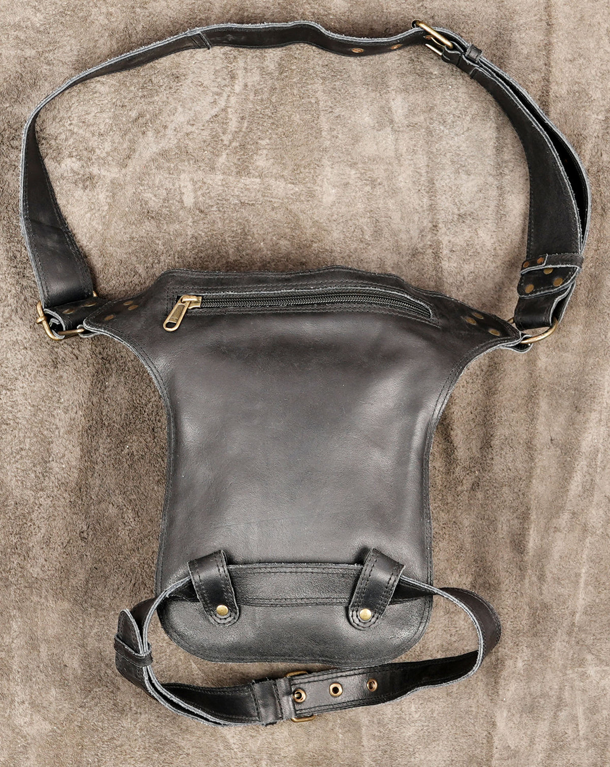 Boho tribal leather thigh pouch with medallion, full view