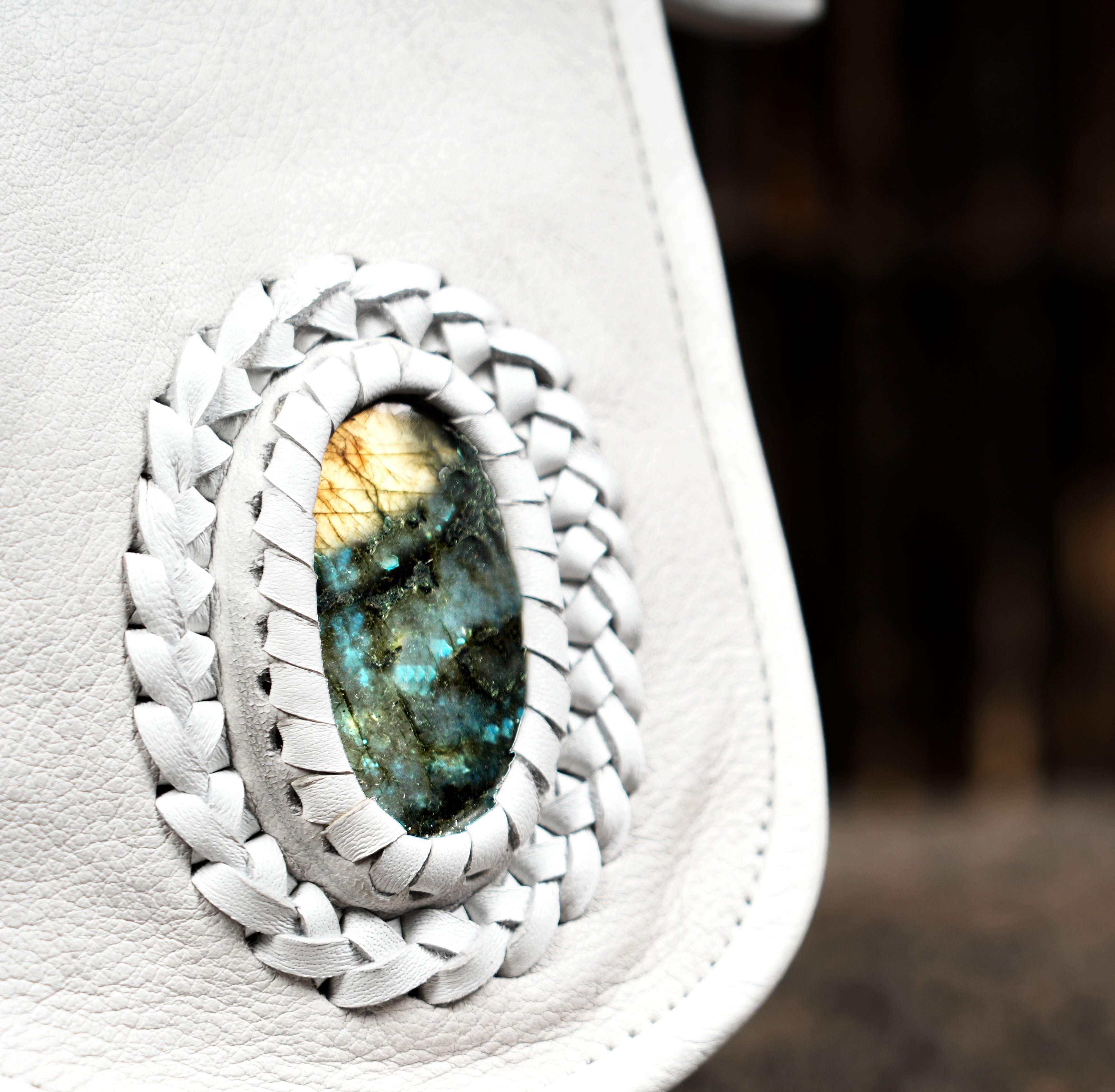 Boho white leather pouch with natural crystal and braided edge