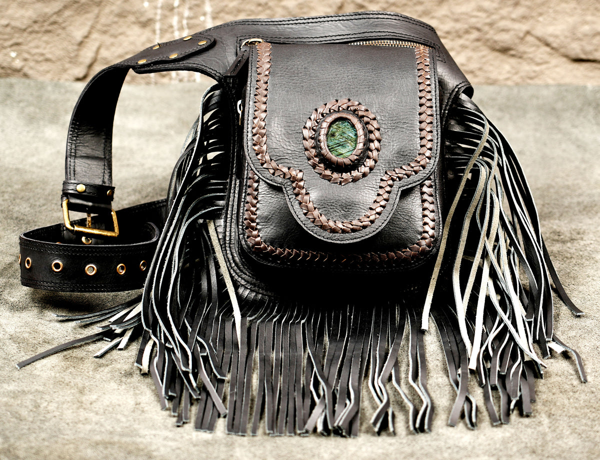 Handmade Black Leather Fringe Belt Bag Boho Festival Hip Pouch Adjustable Waist